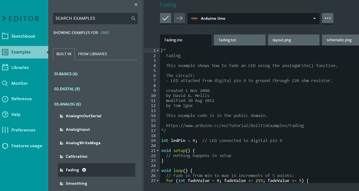 Built-in examples introduced into main programming window of Arduino online. 