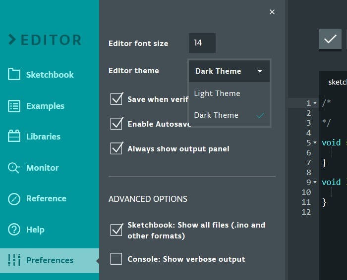 Preferences menu to select dark theme and font size for editor. 