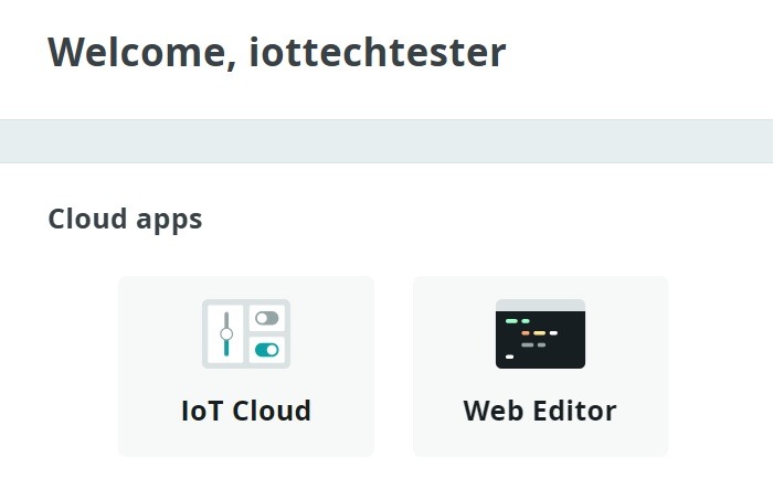 Cloud apps including IoT Cloud and Web Editor visible in Arduino web. 