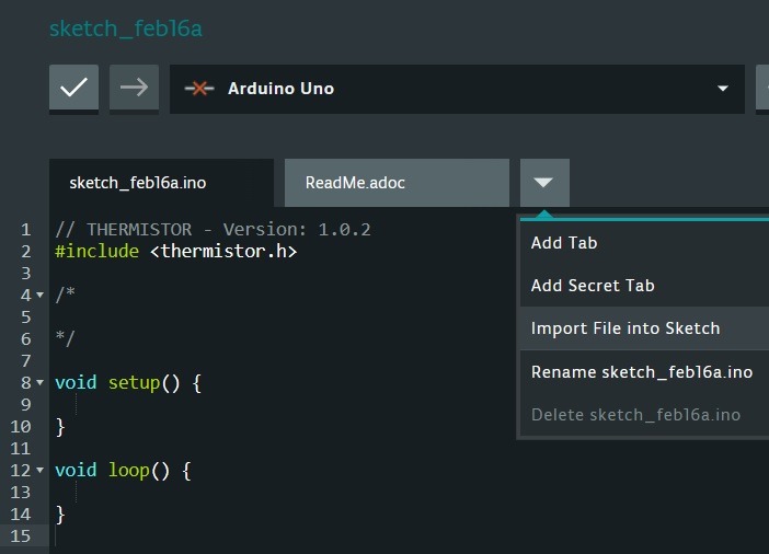 Import file into sketch in the Arduino cloud interface. 