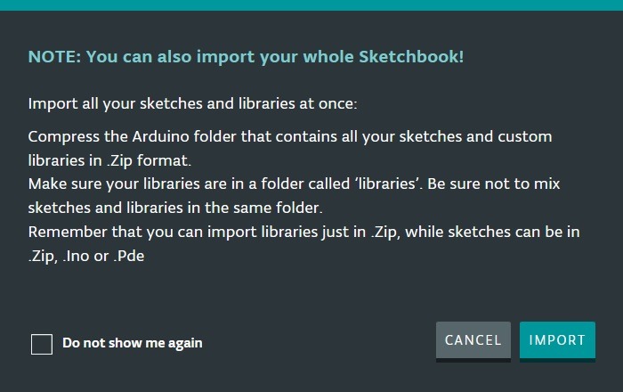Import total sketchbook Zip files into online Arduino IDE. 