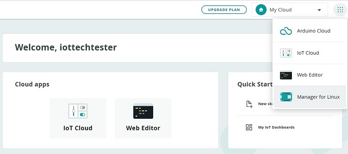 Manager for Linux opened in Arduino online IDE homescreen. 