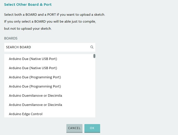 Select board and port options in the list of Arduino web editor. 