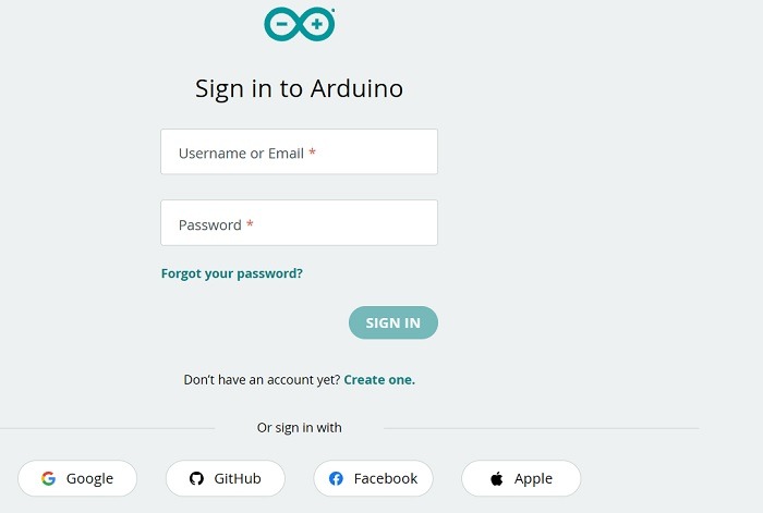 Arduino Web Editor Sign In page homescreen.