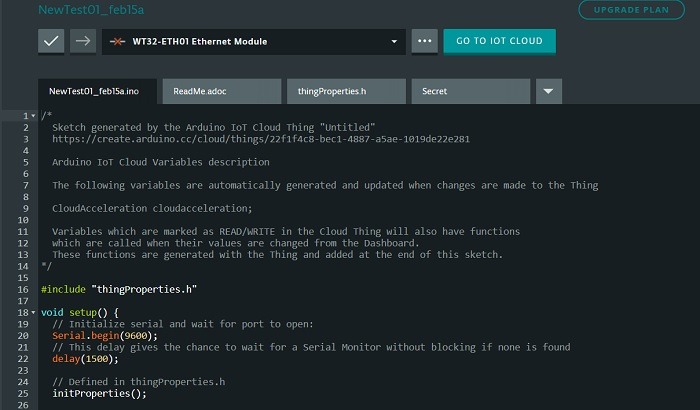 Device type imported in Arduino Cloud editor. 