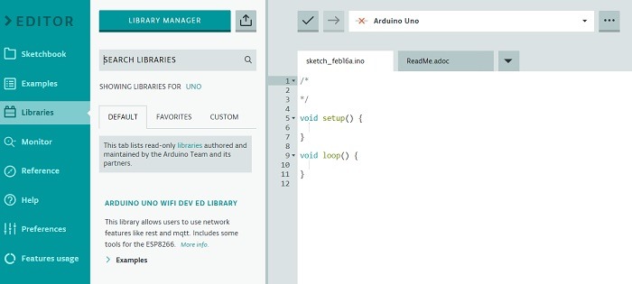 Three main vertical sections of Arduino Web Editor. 