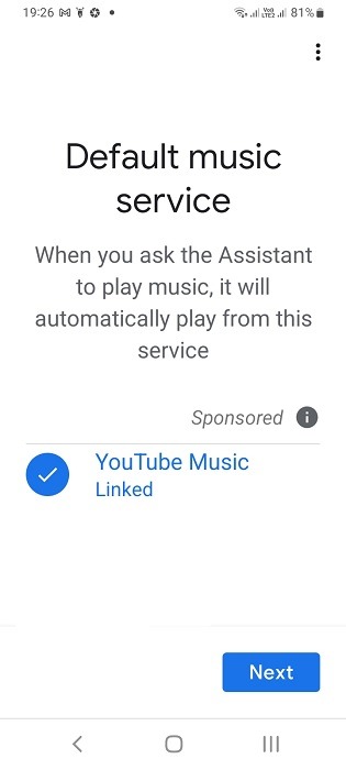 Default Music Service Enabled for YouTube Music in Google Home app.
