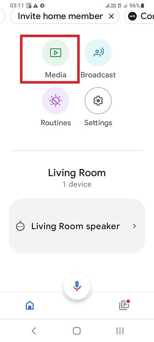 Media menu selected on Google Home app with Nest speaker visible. 