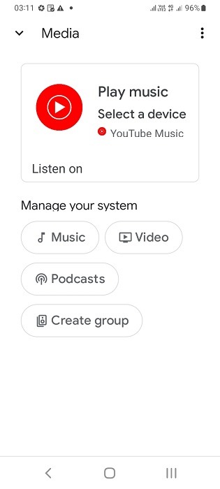 Select "music" option with YouTube Music on Media menu of Google Home.