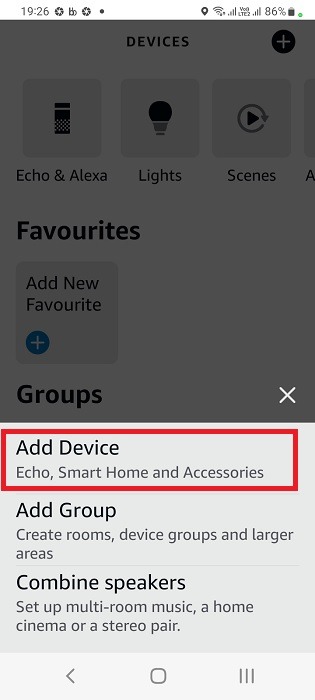 Add device in Echo, Smart Home and Accessories of Alexa Android app.