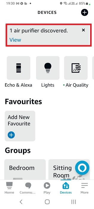 Smart air purifier added and viewable in homescreen of Alexa app for Android.
