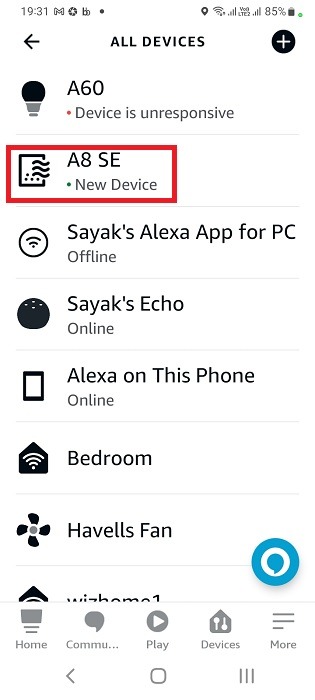 Smart air purifier identified and listed in Alexa devices for Alexa Android app.