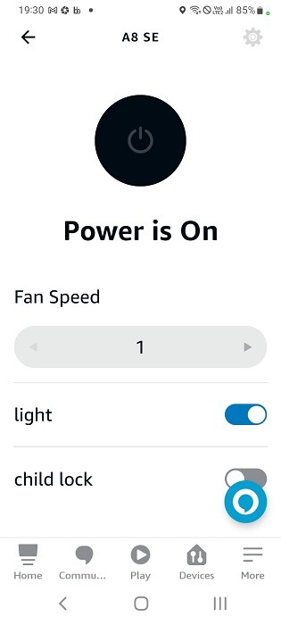 Air purifier visible in Alexa app for Android with all settings displayed such as fan speed.
