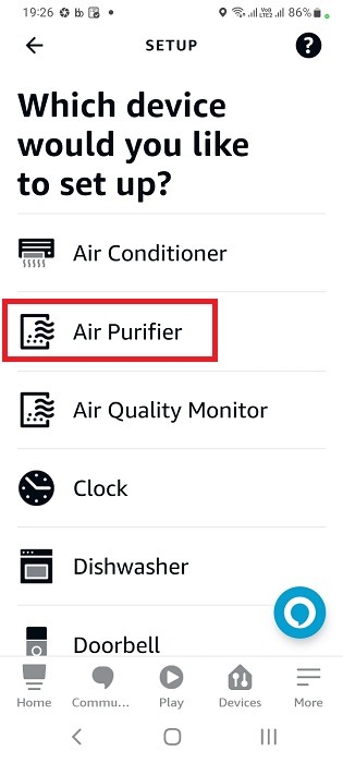 Select air purifier as category of device type in Alexa Add device step for an Android 