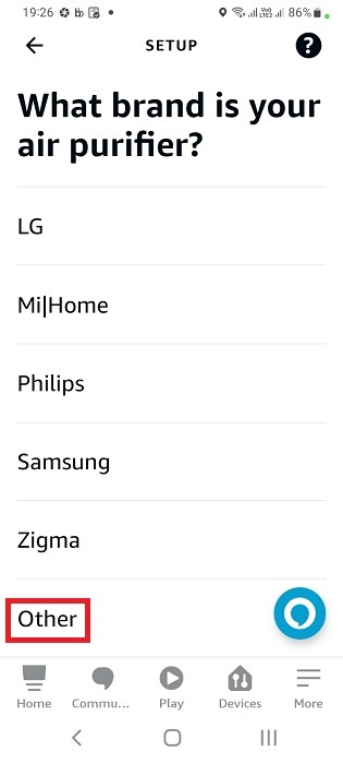 Select air purifier brand as Other in Alexa Android app.