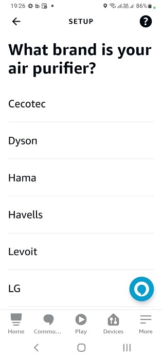 Select brand of air purifier in Amazon Alexa app for Android. 