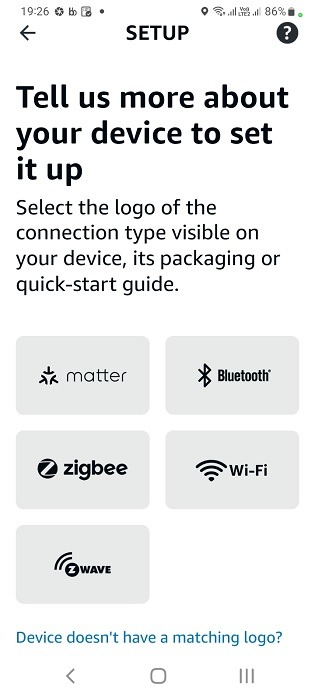 Select connection protocol as Wi-Fi, Bluetooth, Zigbee, Matter, or Z-Wave in Alexa Android app.