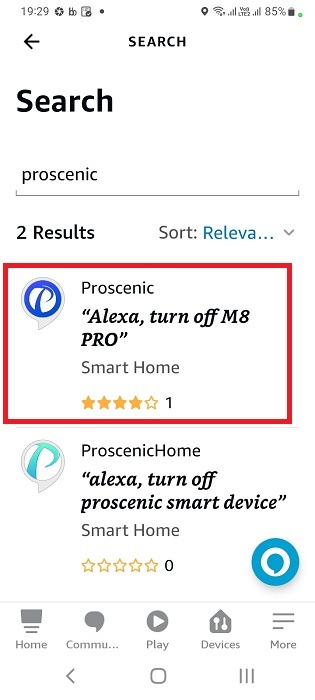 Skill for air purifier identified in Alexa skills search on Android phone.