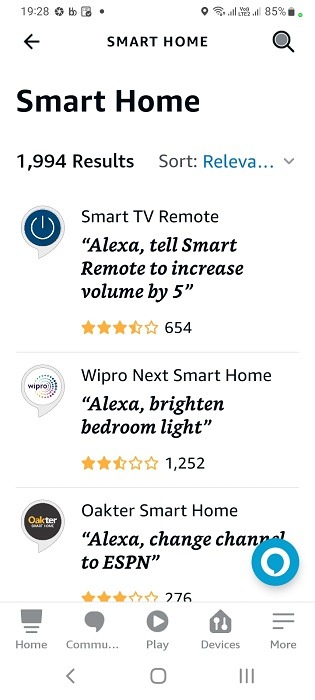 Smart home skills listed in Amazon Alexa app for Android.