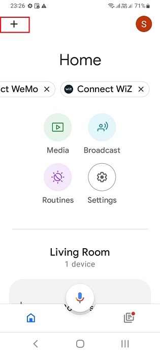 Click Plus sign in Google Home Android app homescreen to add new devices.