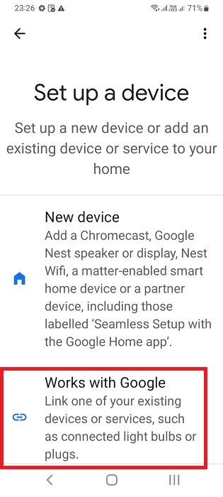 Click Works with Google in Google Home app for Android.