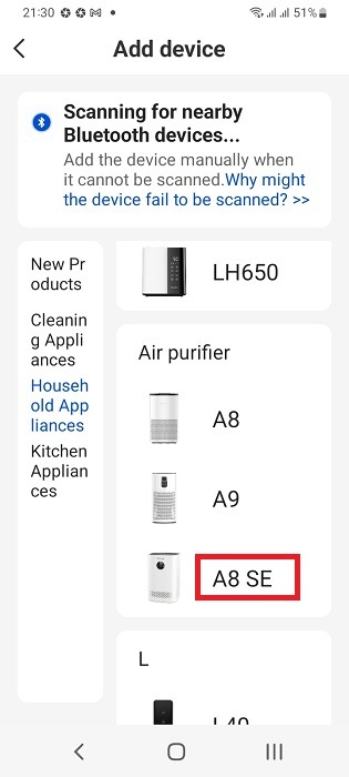 Scanning for Bluetooth devices in Android app for a specific air purifier model.