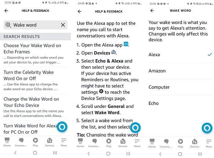 Change Wake Word in Alexa app for Android using Help & Feedback suggestions. 