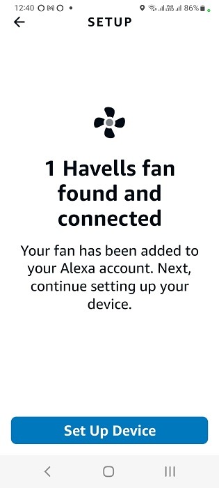 Smart fan found and connected to Alexa account in Alexa Android app.