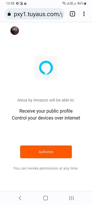 Authorize permission to Alexa to fetch details for smart fan companion app in Android device. 