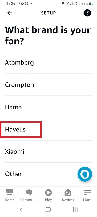 Havells chosen as smart fan options of Alexa Setup guide for Android.