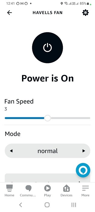 Alexa controlling fan speed, mode, and power for smart fan on an Android app.