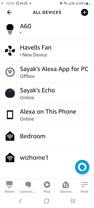 Smart fan visible in All Devices of Alexa app for Android.
