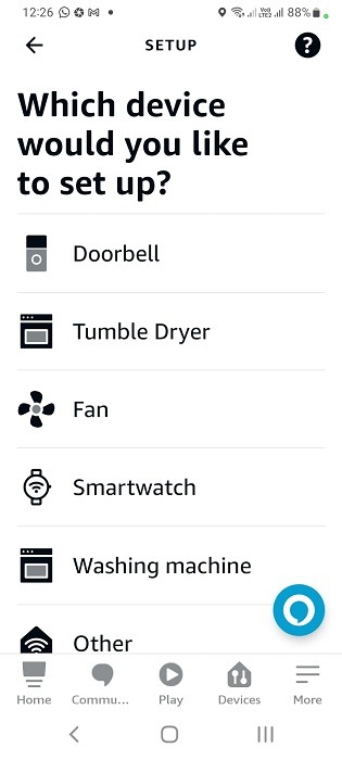 Alexa setup options for various smart home products including fan. 