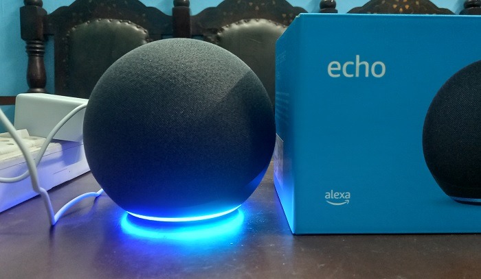 Amazon Echo blue lights on in listening mode. 
