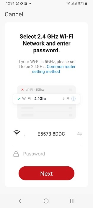 Enter Wi-Fi details in companion app of smart fan in Android.