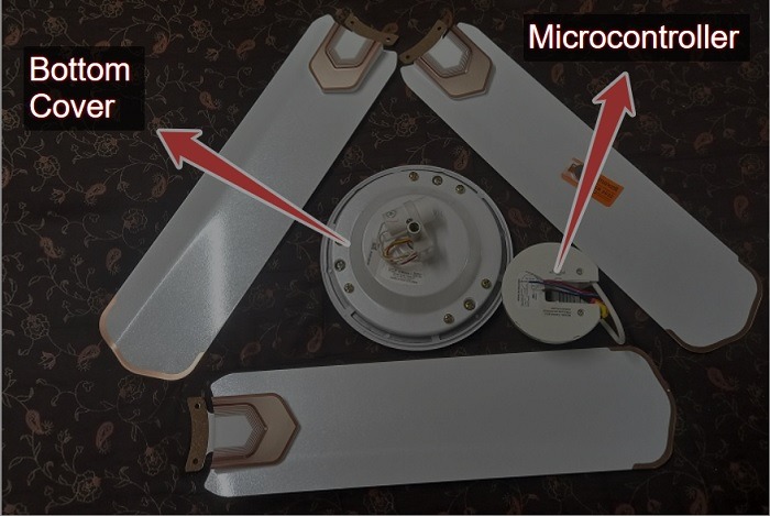 Ceiling fan bottom cover, microcontroller, and blades displayed. 