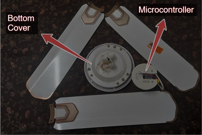 Ceiling fan bottom cover, microcontroller, and blades displayed.