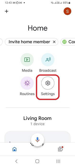 Google Home app Settings clicked in Google Home homescreen. 