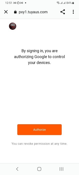 Google account receiving authorization to control smart fan app in Android. 