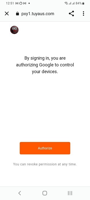 Google account receiving authorization to control smart fan app in Android.