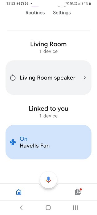 Linked smart fan turned on in Google Home app for Android. 