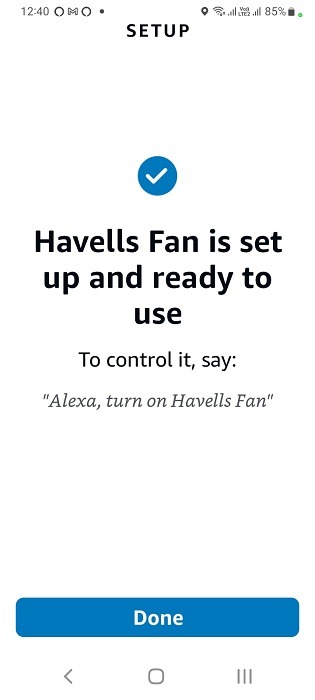 Smart fan ready to use in Alexa app for Android with control message. 