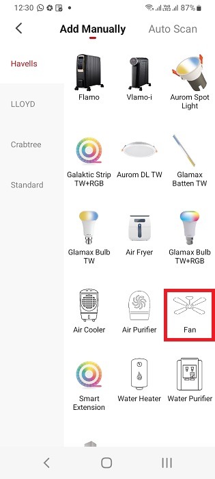 Select fan as device type in companion app of smart app. 
