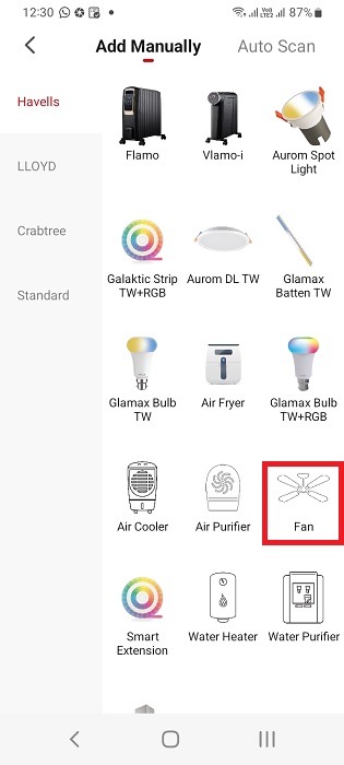 Select fan as device type in companion app of smart app.