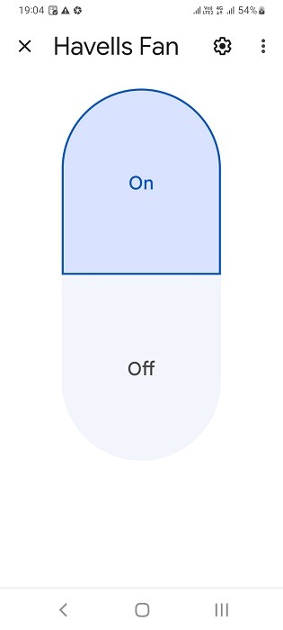 Turn fan device on or off in Google Home app for Android with other settings visible. 