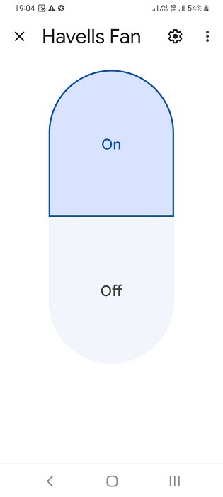 Turn fan device on or off in Google Home app for Android with other settings visible.