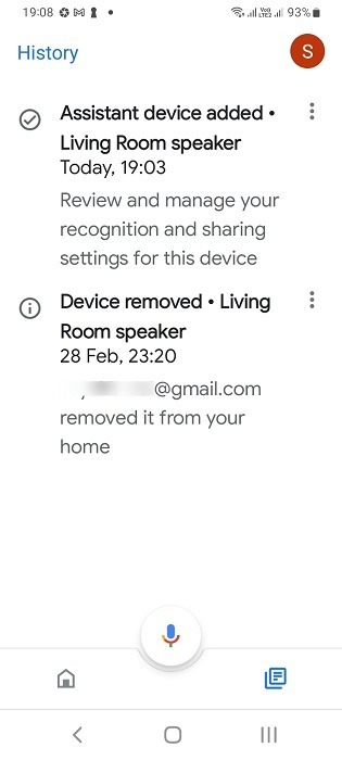 Google Assistant history in Google Home app for Android.