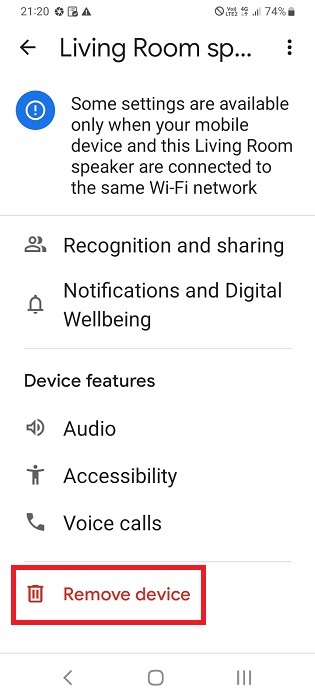 Remove device for Nest speaker in Google Home app for Android.
