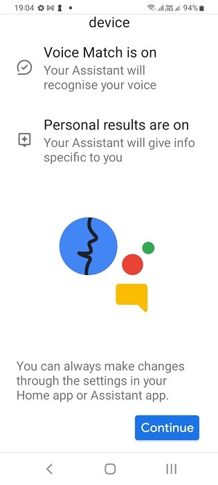 Voice Match and personal results on for Google Nest app in Android. 