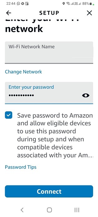 Enter Wi-Fi network name and password in Alexa app for Android. 